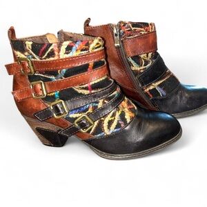 Multicolor Leather & Woven Ankle Booties with Buckle Straps